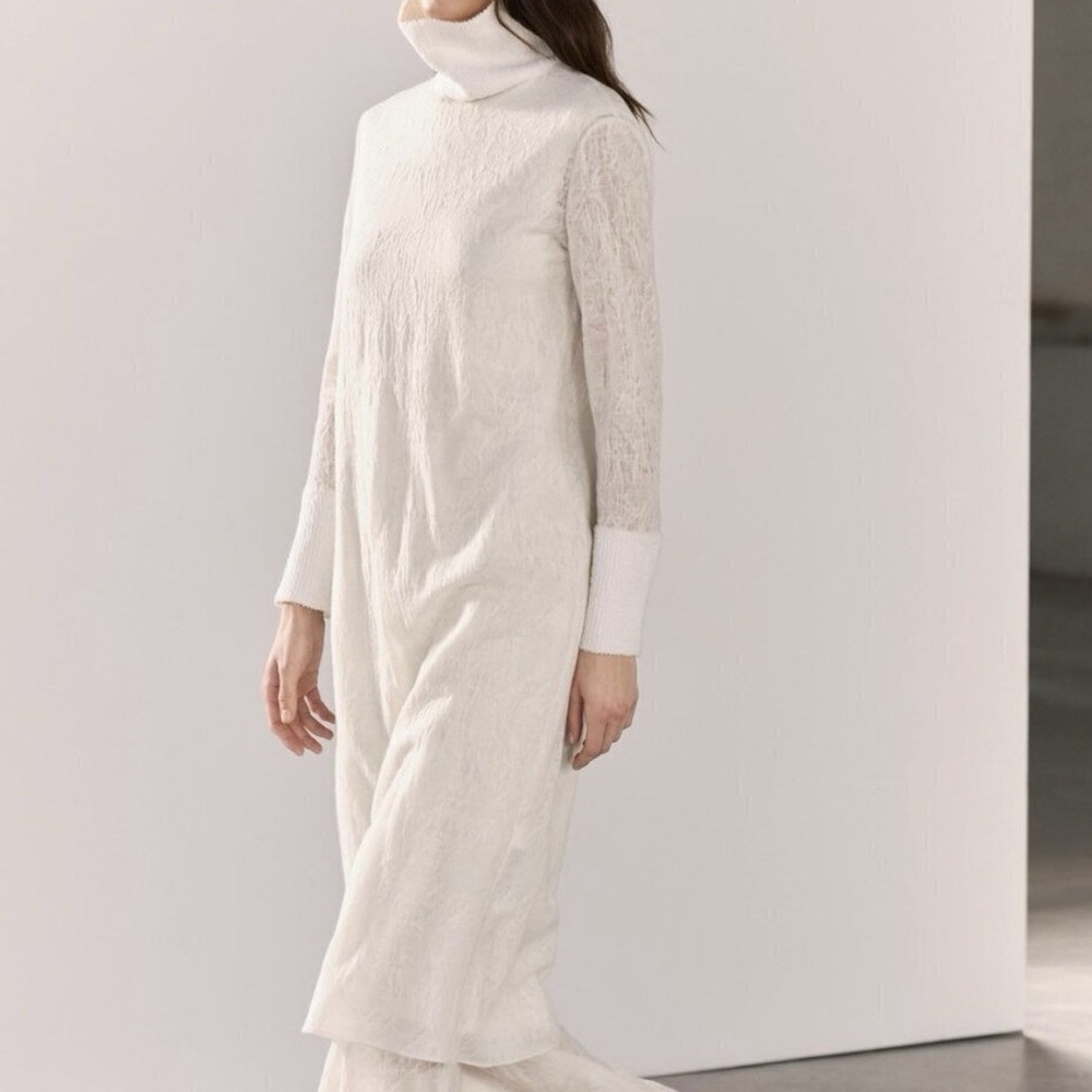 NWT ZARA Wool Blend Jacquard White Long Sleeve Dress with Slip.